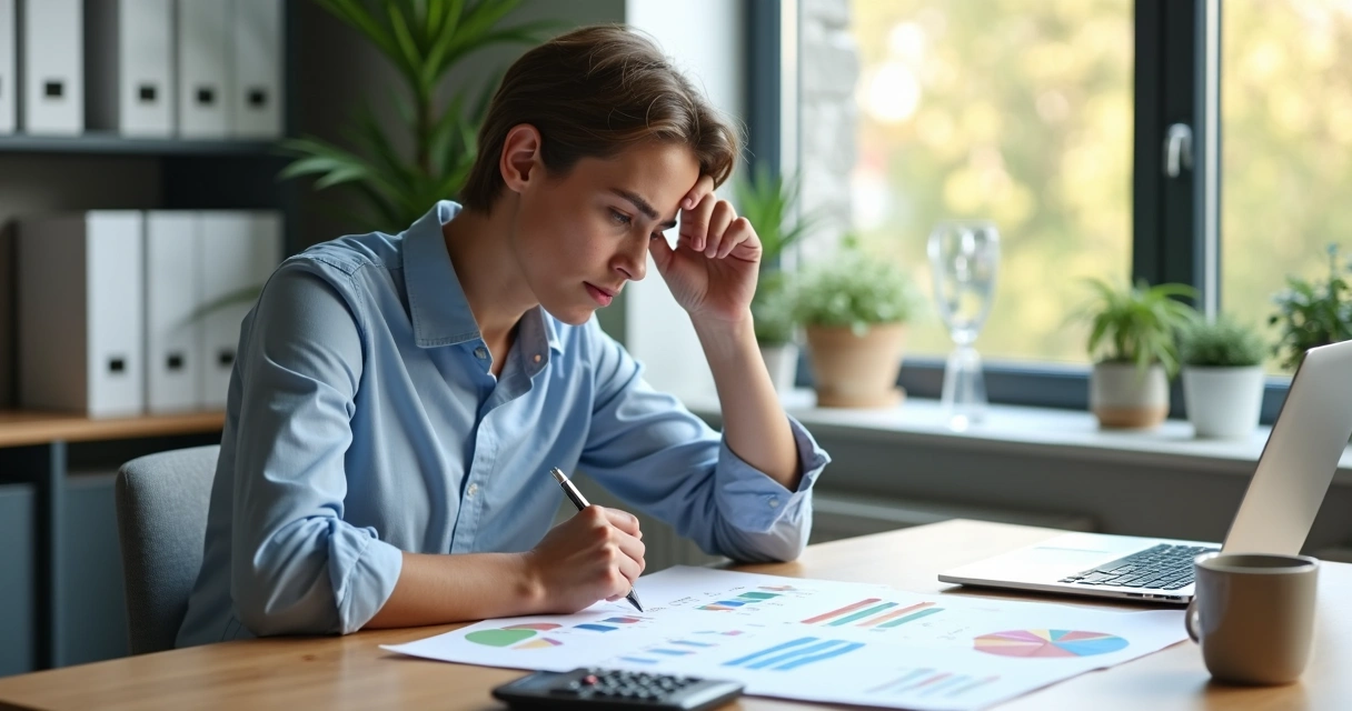 Pessoa refletindo sobre decisão financeira com papéis e gráficos à mesa 
