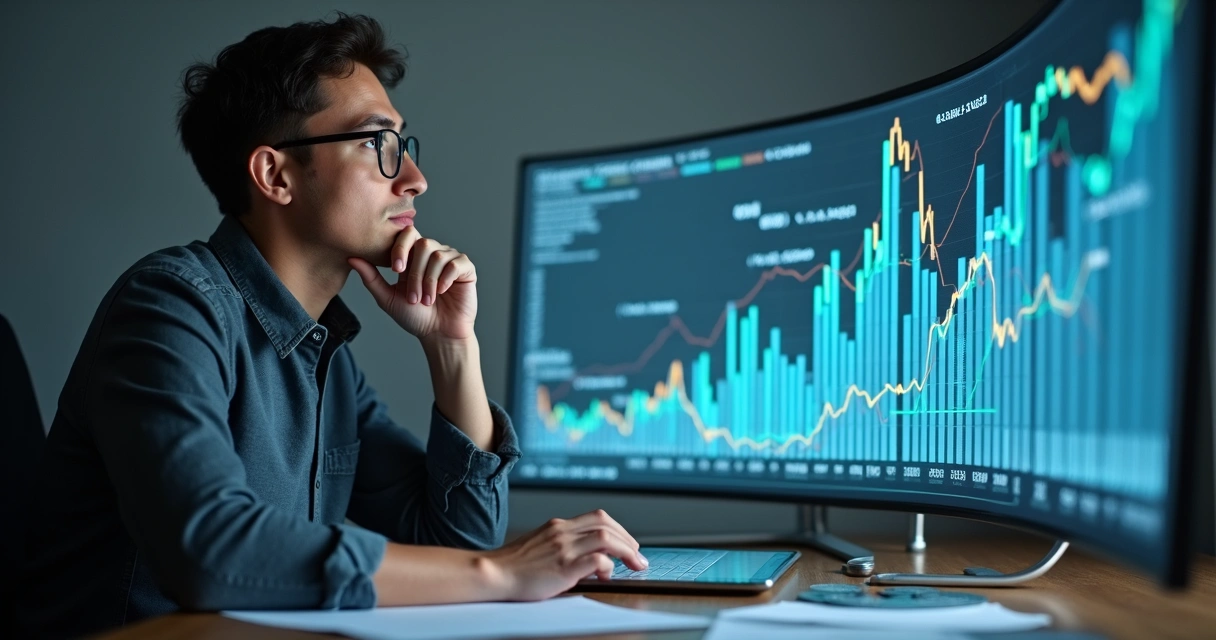 Pessoa refletindo com gráficos financeiros à sua frente 