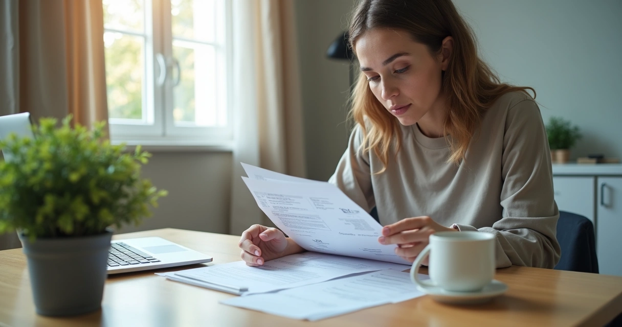 Pessoa olhando documentos financeiros com expressão concentrada, ao lado de uma xícara de café 