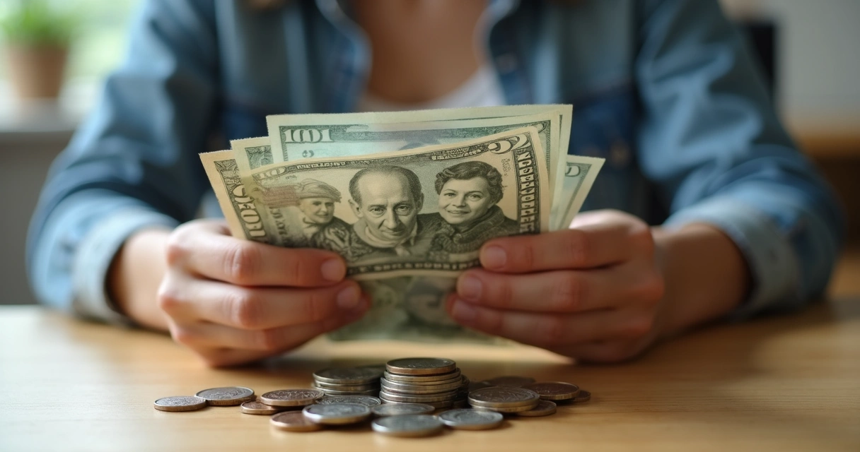 Pessoa segurando notas sobrepostas em fundo suave 