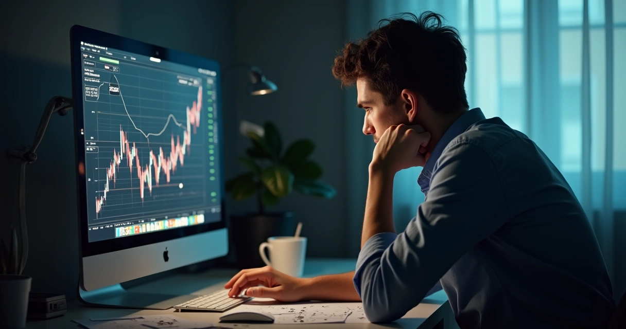 Pessoa olhando para uma tela de computador com gráfico financeiro e expressando dúvida 