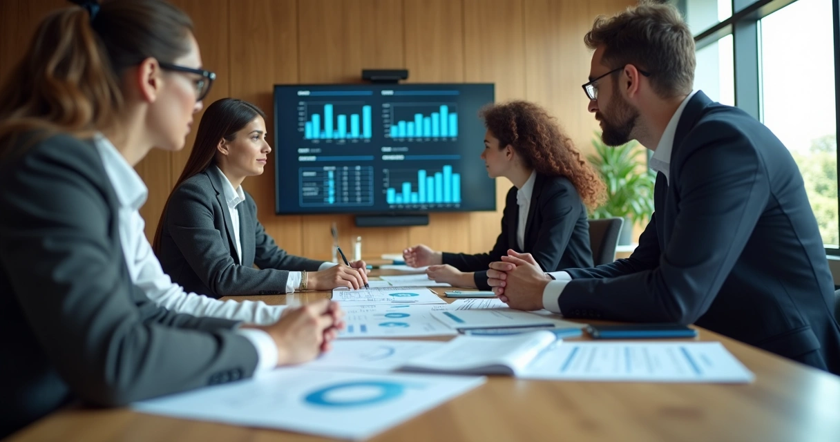 Equipe avaliando planilhas financeiras em reunião 