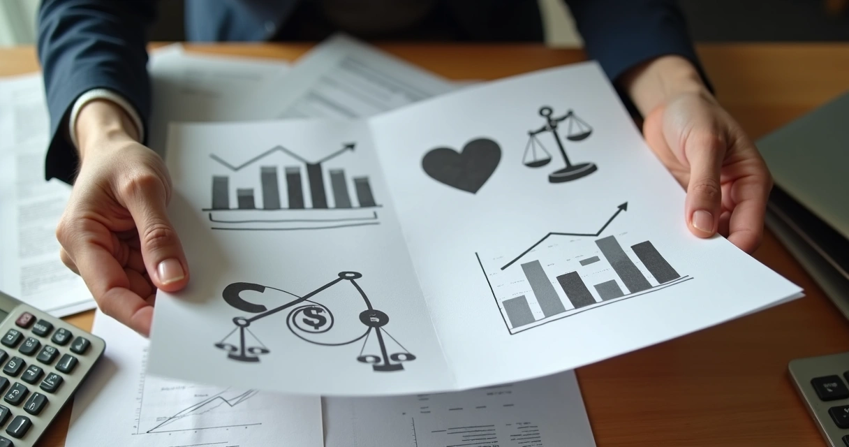 Duas mãos segurando folhas de papel com dilemas financeiros e éticos 