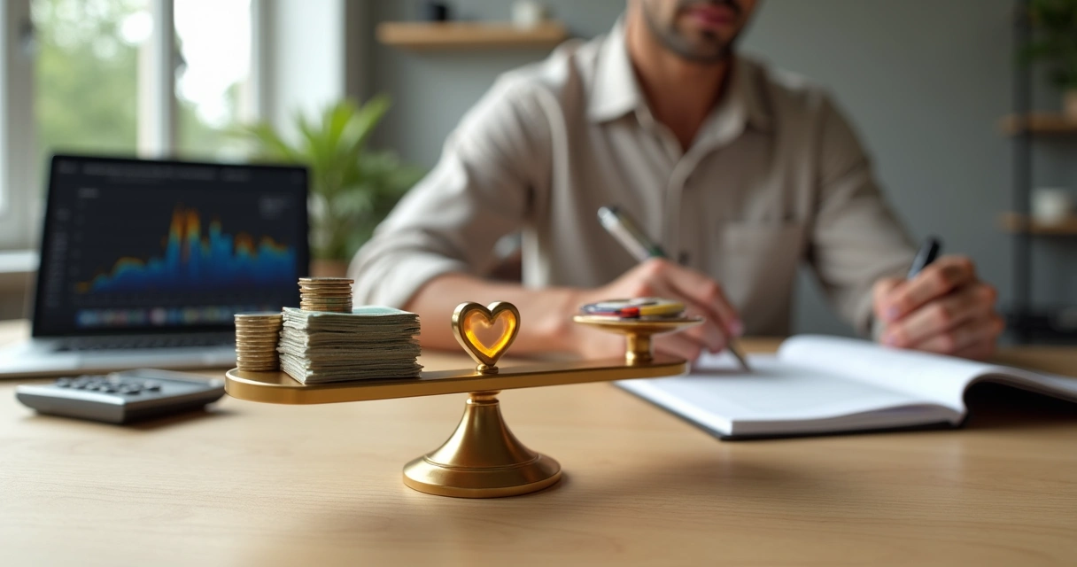 Pessoa analisando equilíbrio entre dinheiro e ética em uma balança 