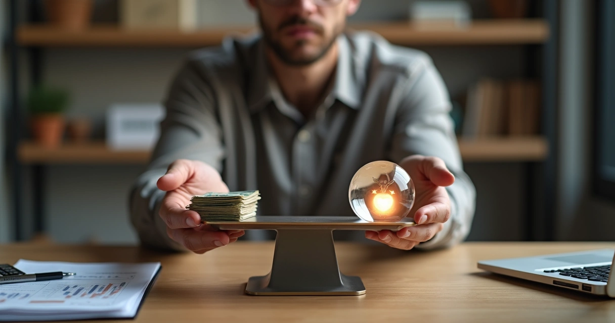 Pessoa avaliando dinheiro em uma balança entre lucro e responsabilidade ética 