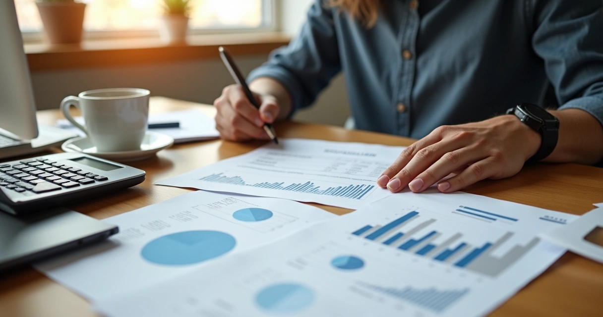 Pessoa observando extrato bancário com objetos de escritório ao redor
