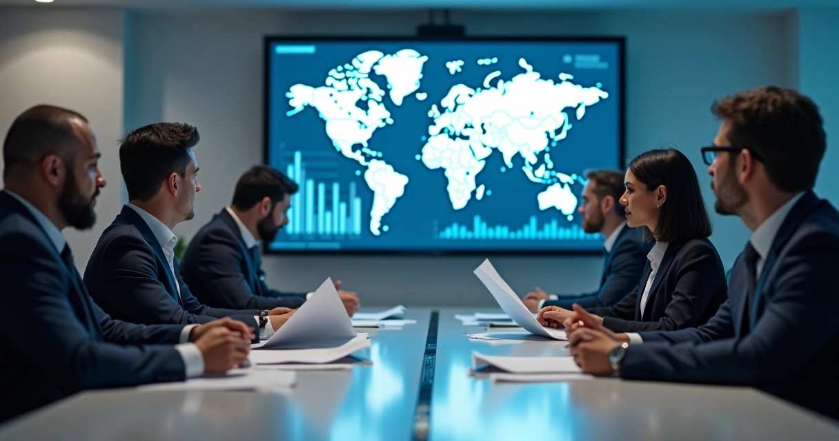 Mesa de reunião com pessoas de diferentes culturas discutindo finanças