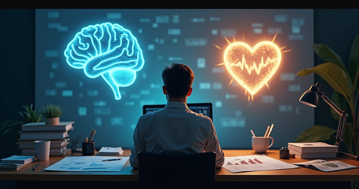 Pessoa refletindo sobre finanças com elementos simbólicos ao redor 