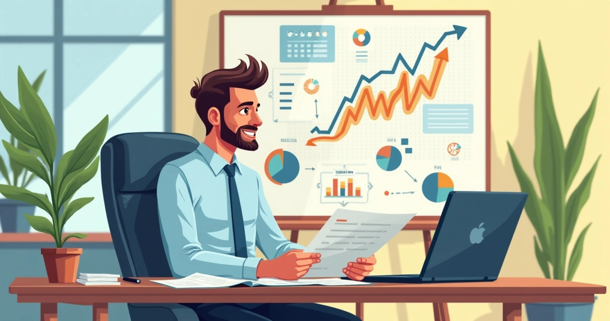 Gestor tomando decisão financeira analisando projeções de fluxo de caixa em escritório