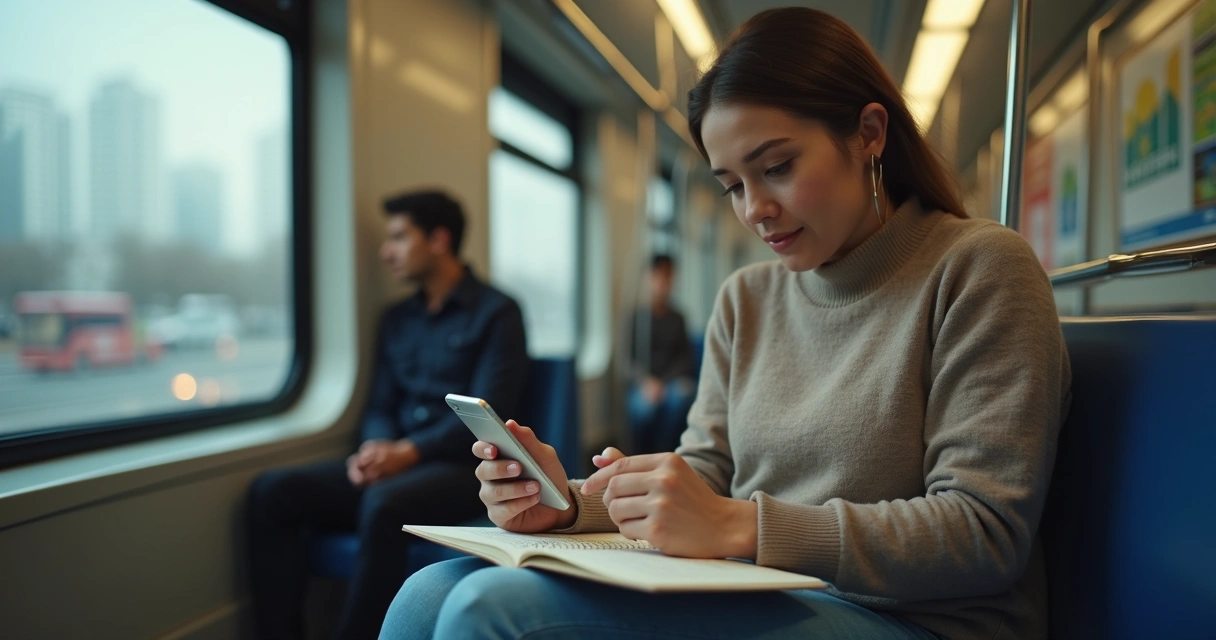 Pessoa tranquila sentada no metrô analisando finanças no celular com caderno no colo 