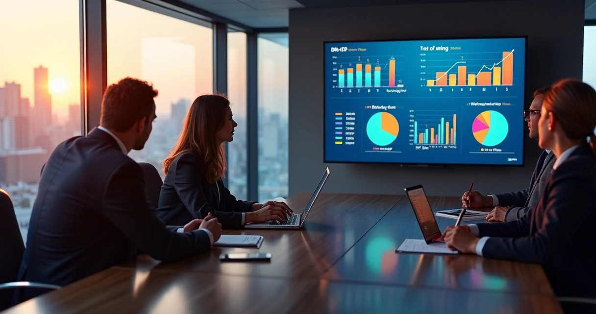 Reunião de gerentes analisando gráficos financeiros em painel 