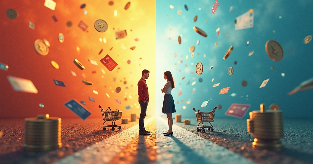 Pessoa refletindo diante de dois caminhos financeiros opostos, representando escolhas internas. 