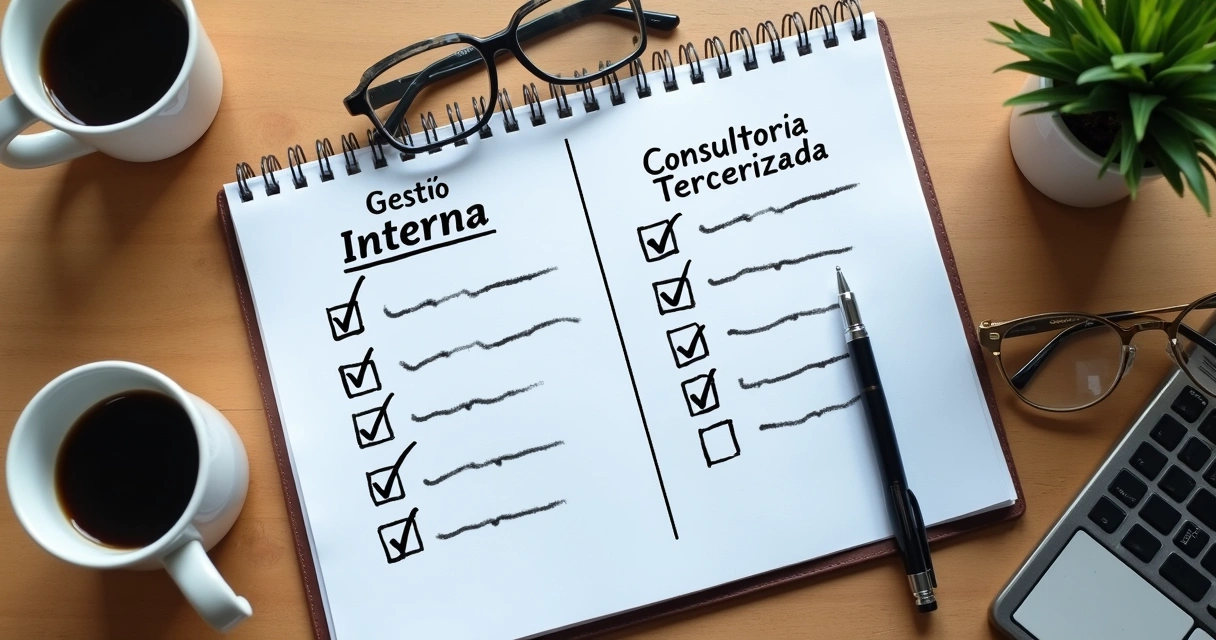 Caderno com checklist de decisões sobre consultoria ou gestão interna 