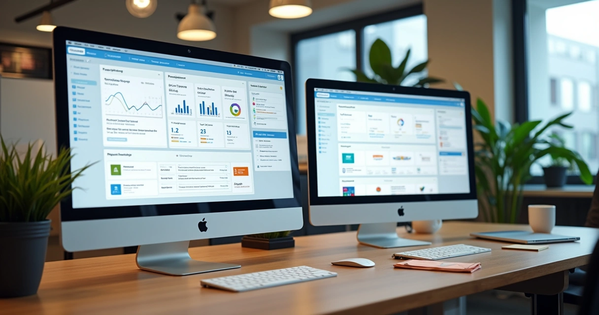 Comparação visual de dashboards personalizados de Notion e Monday.com em um escritório moderno 