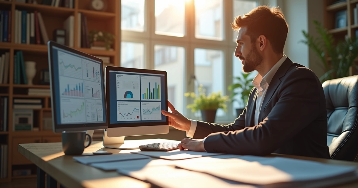 Gestor revisando dados financeiros em tela com documentos ao lado 