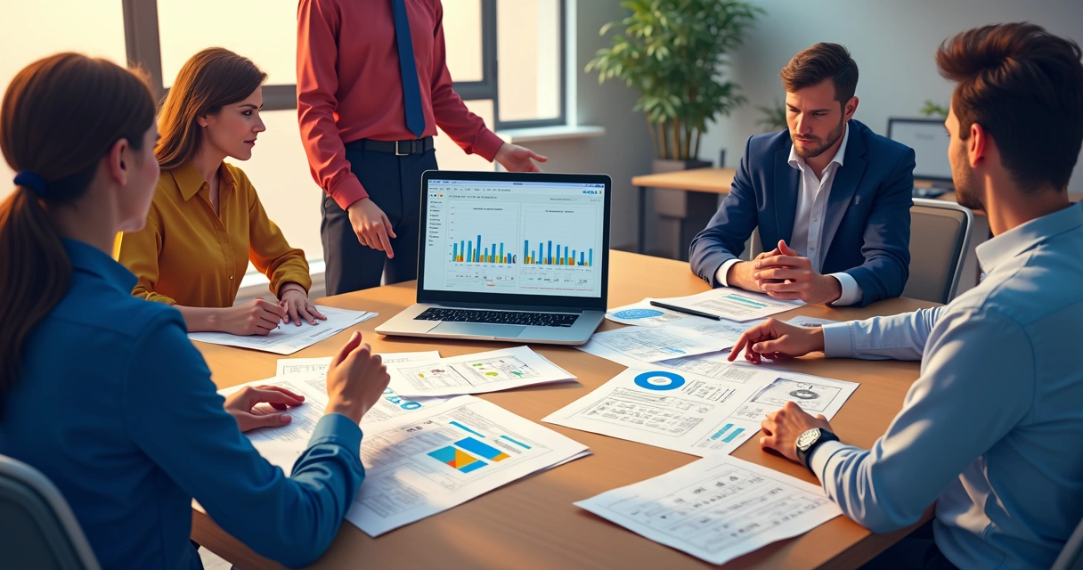 Gestor avaliando fluxogramas de integração em mesa de reunião 