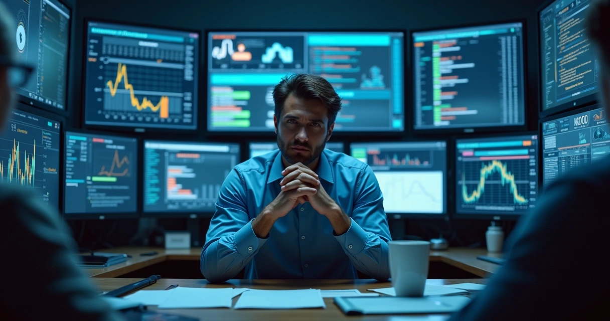 Gestor de TI olhando para telas com gráficos e opções de plataformas de nuvem.