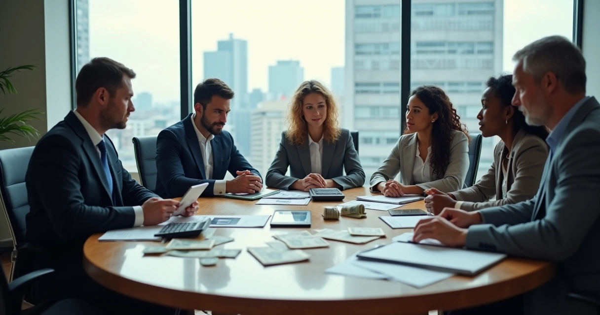 Grupo de pessoas discutindo dinheiro em torno de uma mesa moderna 