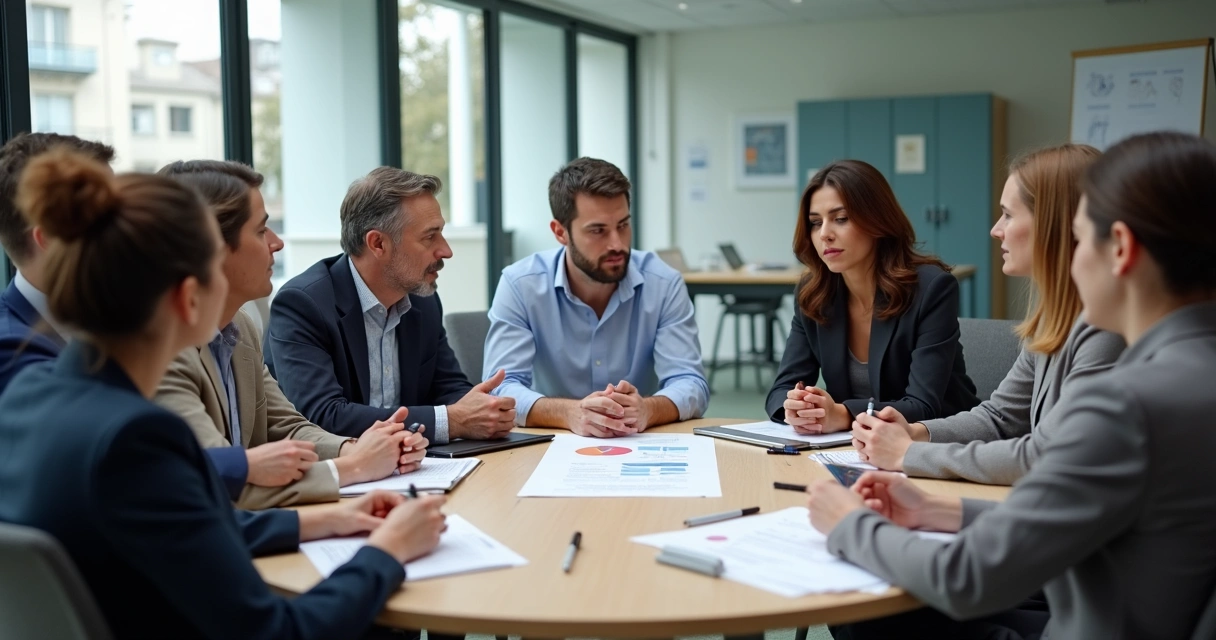 Grupo de pessoas diversas em reunião discutindo em uma mesa redonda 