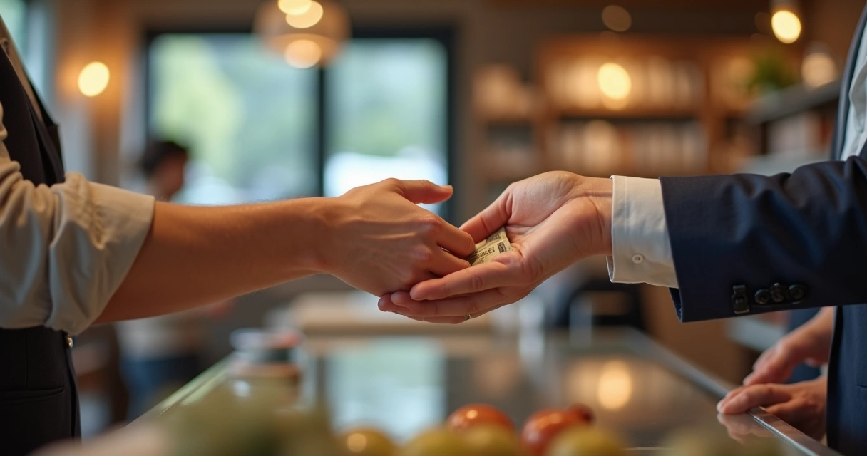 Pessoa devolvendo troco a comerciante 