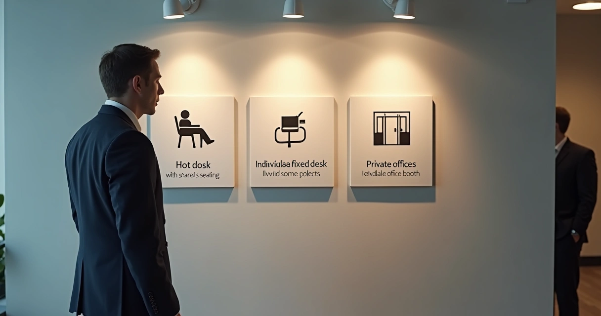 Profissional avaliando opções de hot desk, mesa fixa e sala privativa.