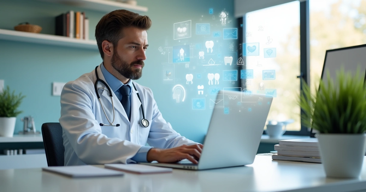 Gestor de clínica odontológica analisando opções de IA de atendimento, marketing e gestão em notebook na recepção da clínica 
