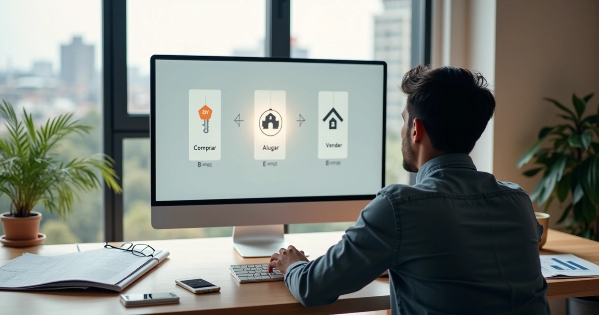 Pessoa avaliando ícones de comprar vender e alugar imóvel em ambiente moderno 