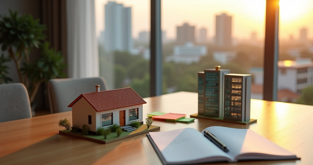 Pessoa brasileira comparando casa física com prédios de fundos imobiliários em maquete de mesa 