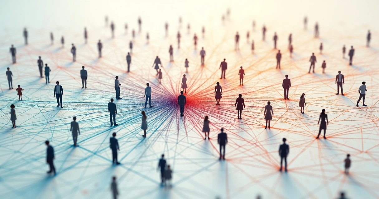 Rede de conexões mostrando decisões individuais influenciando múltiplas pessoas e contextos. 