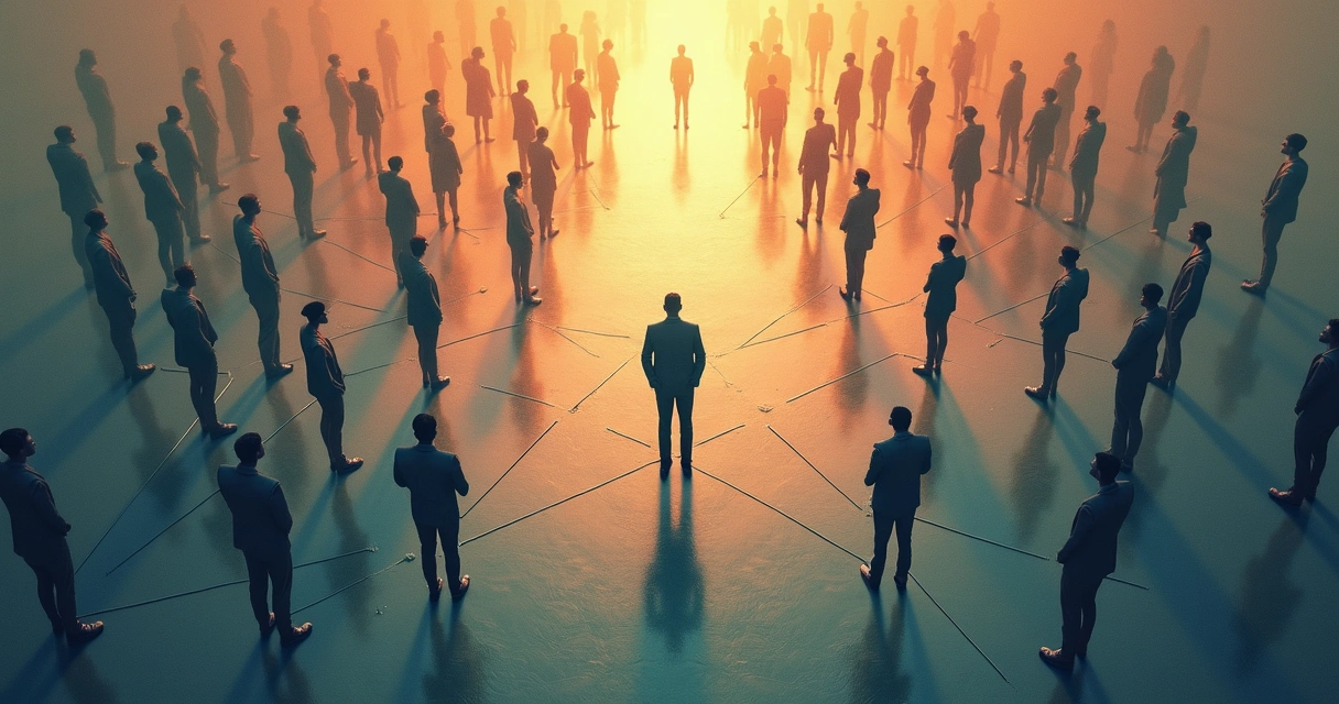 Pessoa fazendo escolha em cruzamento, conexões desenhadas entre ela e grupos familiares, profissionais e sociais 