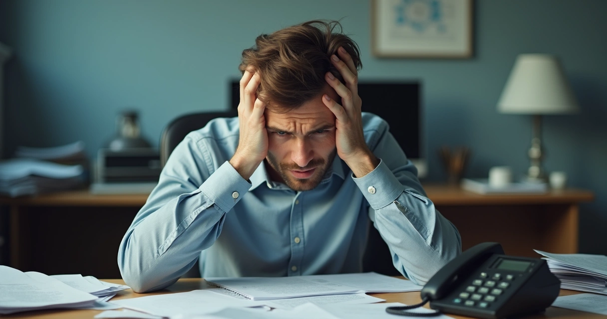 Pessoa sentada em uma mesa, com as mãos na cabeça e papéis espalhados 