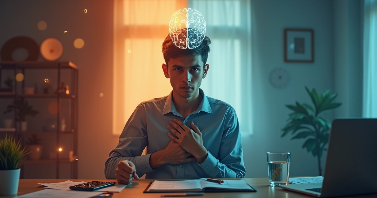 Pessoa dividida entre reação impulsiva e escolha consciente 