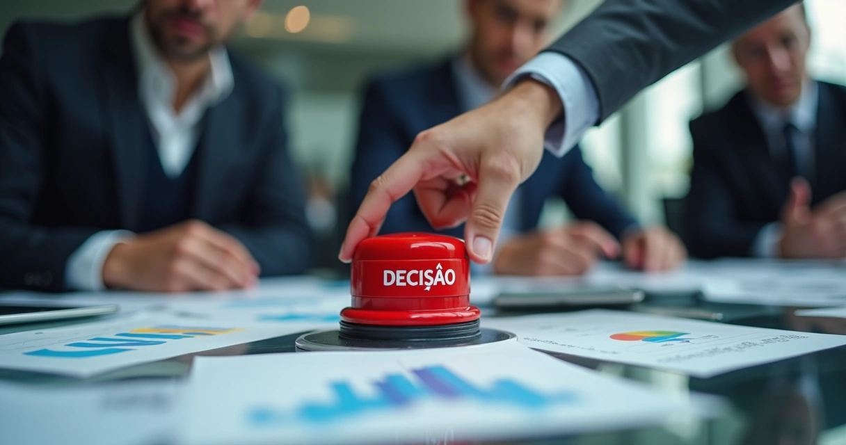 Executivo de negócios pressionando botão vermelho de decisão urgente 
