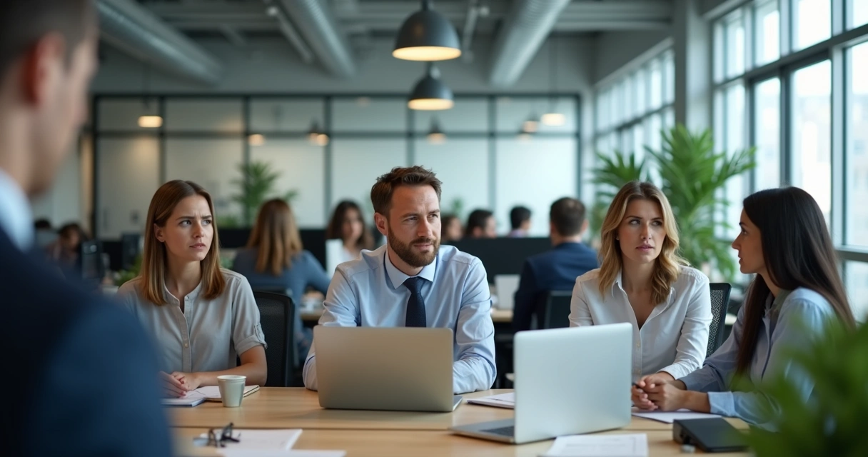 Profissionais reagindo surpresos após anúncio inesperado no escritório. 