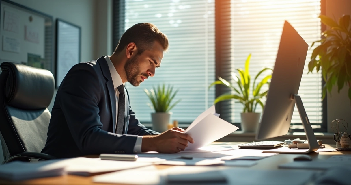Pessoa olhando indecisa para papéis espalhados em mesa de escritório 