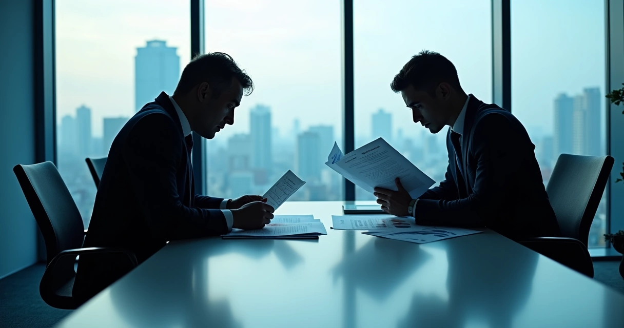 Gestores de negócios em reunião analisando gráficos, com sombras sugerindo processos mentais ocultos no fundo 