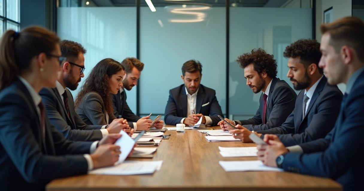 Equipe de profissionais de diferentes setores em uma sala de reuniões, focados em papéis, com expressões neutras, sem contato visual 