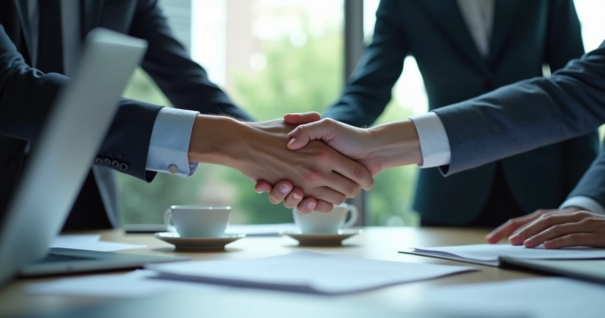 Duas mãos estendidas se cumprimentando sobre uma mesa de trabalho, papéis e notebooks ao redor 
