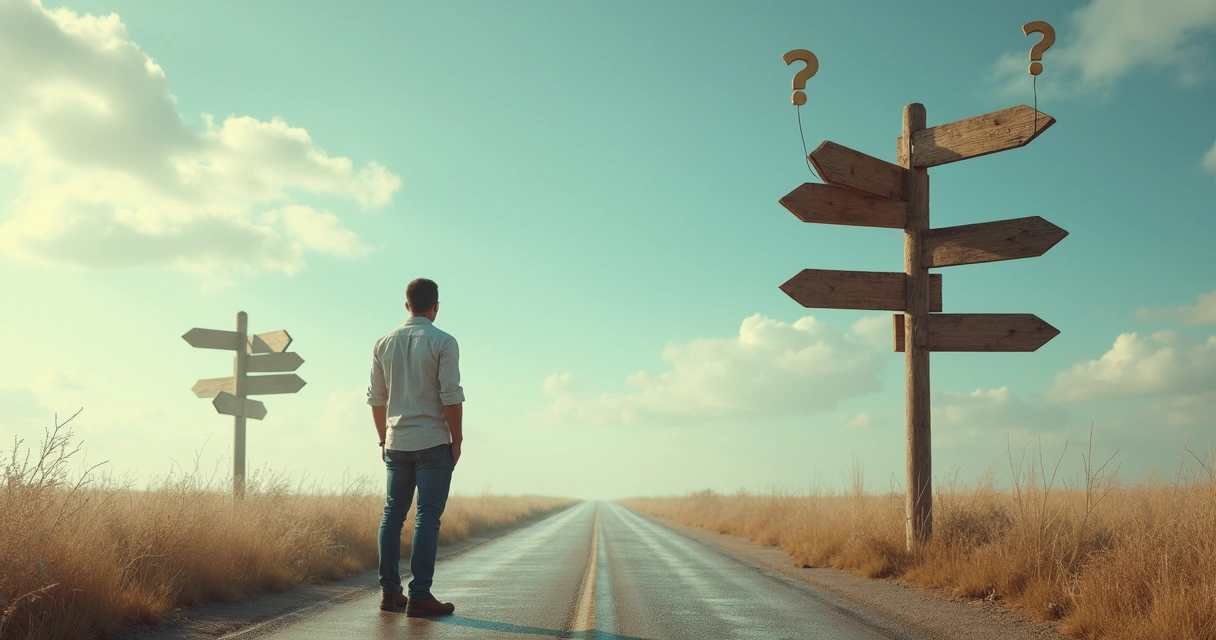 Pessoa refletindo sobre diferentes caminhos em uma encruzilhada 