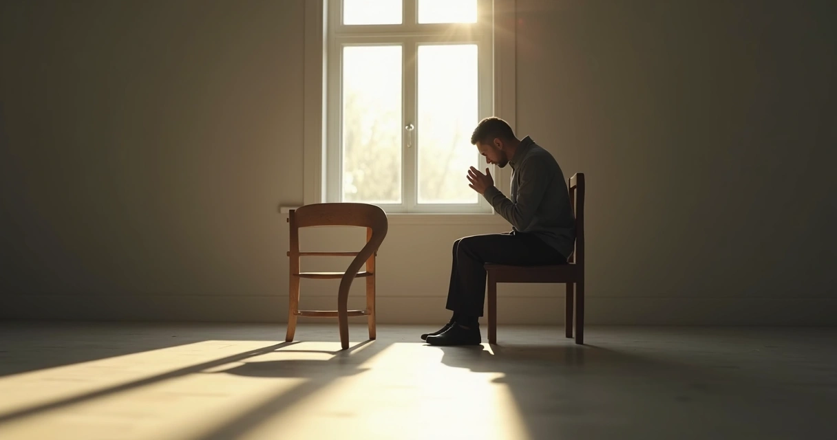 Pessoa sentada refletindo sozinha com luz suave ao redor 