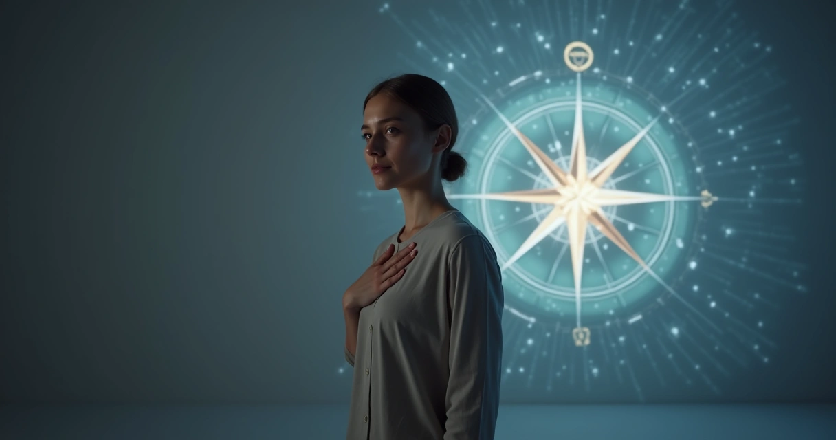 Pessoa tocando área do peito com bússola iluminada projetada ao fundo 