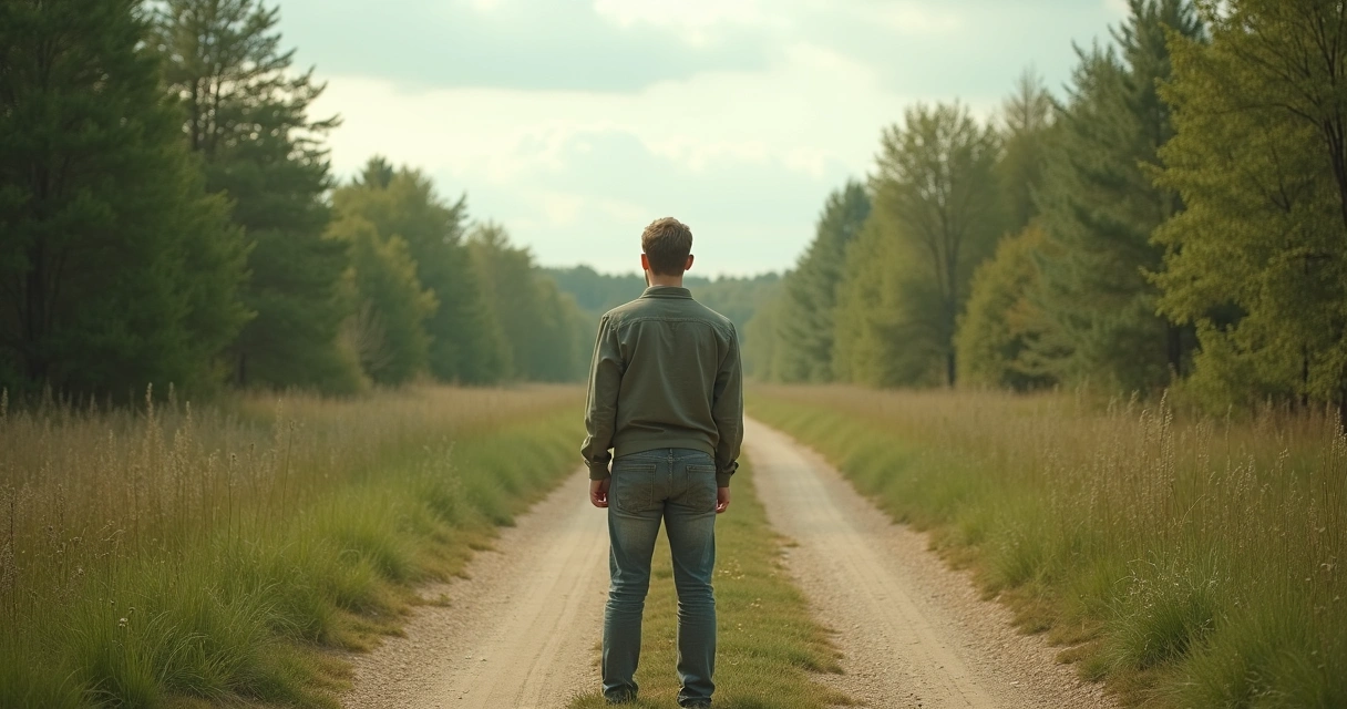 Pessoa parada em uma bifurcação, olhando calma para o horizonte 