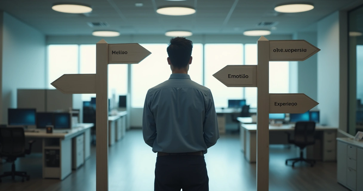 Pessoa diante de encruzilhada, cenário profissional com placas mostrando diferentes caminhos