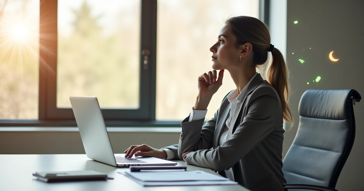 Profissional escrevendo anotações enquanto reflete em local de trabalho iluminado 