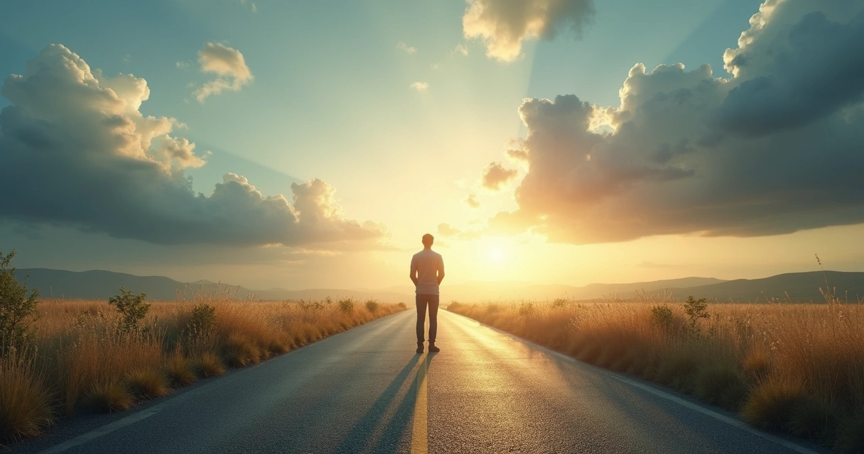 Pessoa em uma bifurcação de estradas, parada e pensando qual caminho seguir 