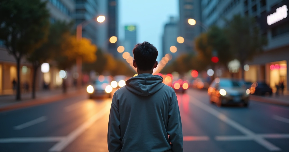 Pessoa em encruzilhada urbana refletindo entre caminhos iluminado e sombrio 