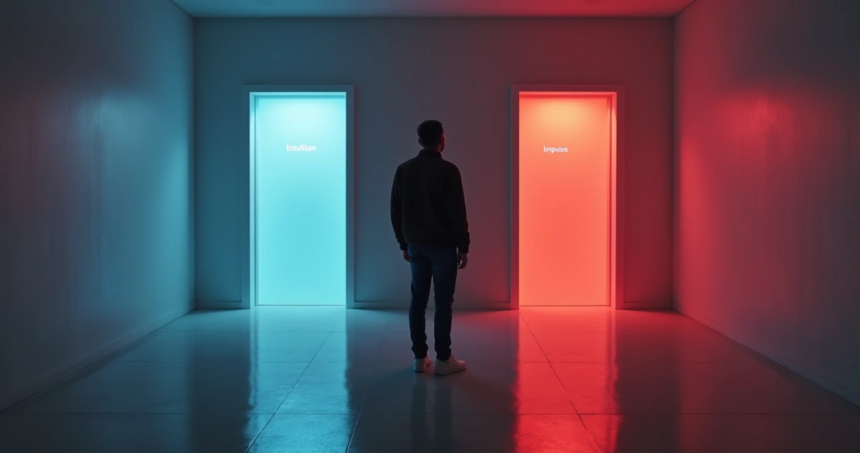 Pessoa diante de duas portas, uma representando impulso automático e outra intuição 