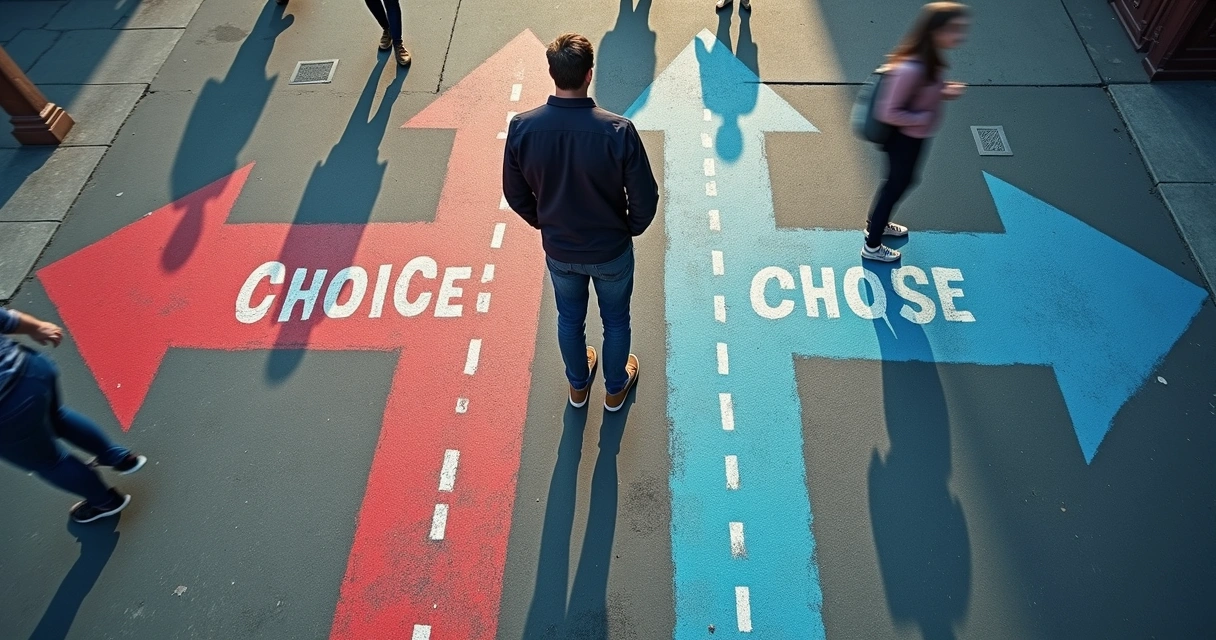 Pessoa parada diante de duas setas no chão, simbolizando decisão entre caminhos 