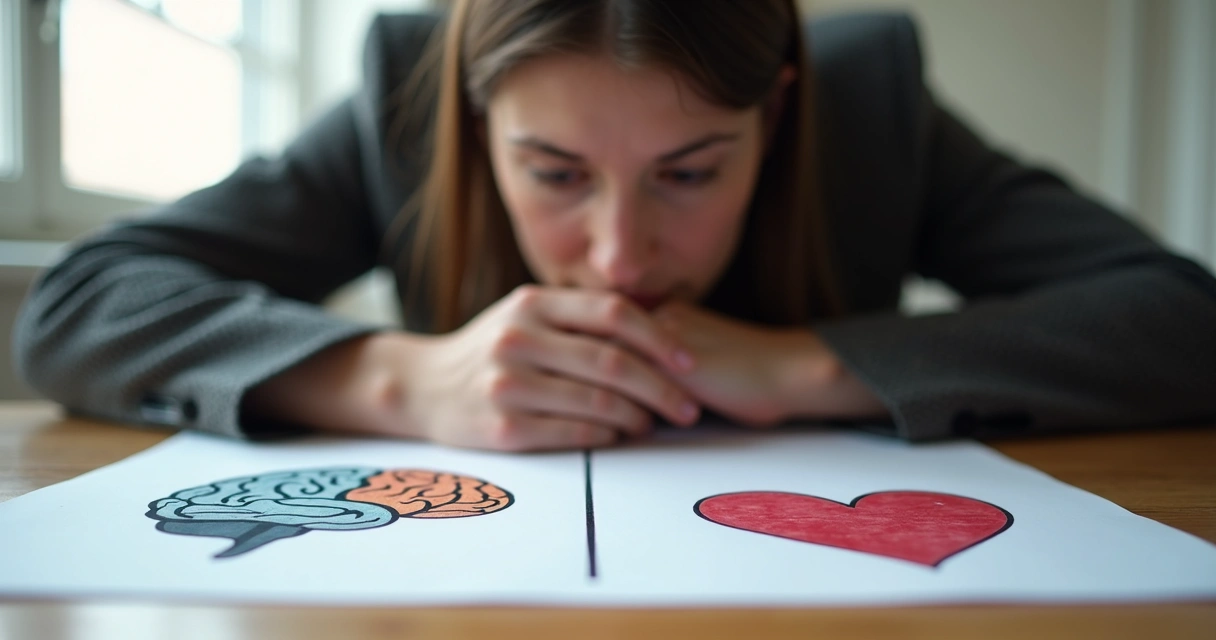 Pessoa refletindo com um bloco dividido entre desenhos de cérebro e coração