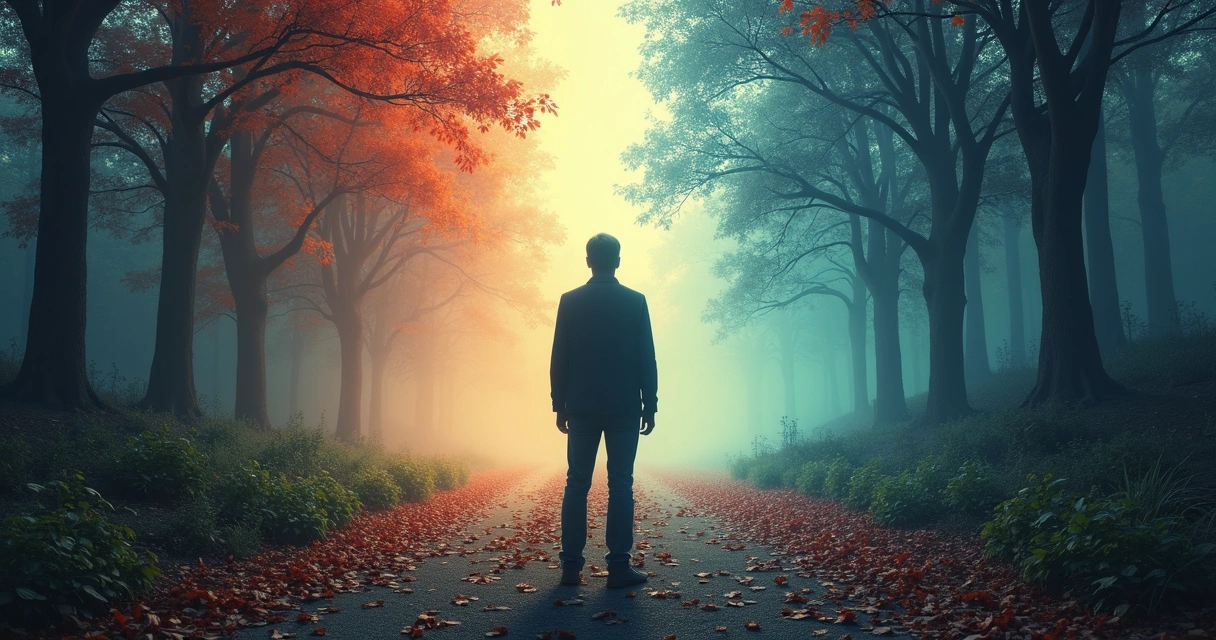 Pessoa de costas diante de três caminhos diferentes, cada um com cores e atmosferas distintas, sugerindo diferentes estados emocionais